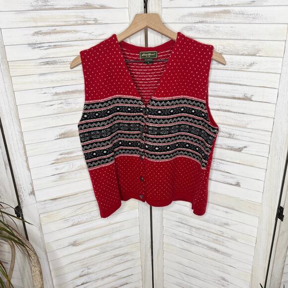 EDDIE BAUER VINTAGE Women's Nordic Fair Isle Sweater Vest Lambswool Red Gray Med - Picture 14 of 14